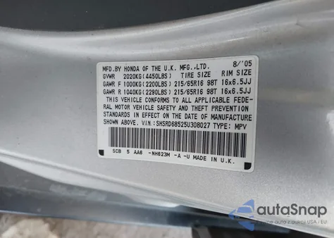 2005 Honda Cr-V Lx z USA, uszkodzony, nr VIN SHSRD68525U308027